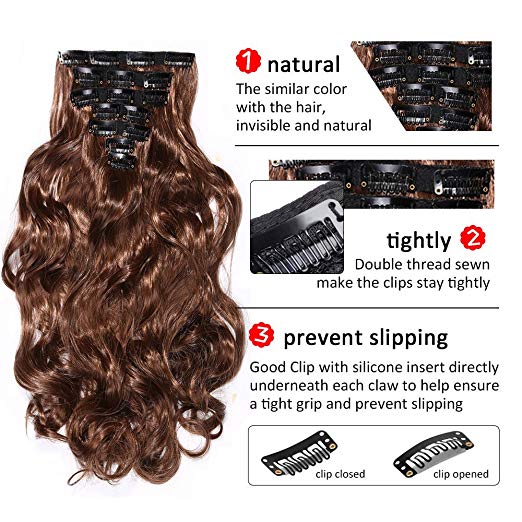 BARSDAR 17" Long Curly 7Pcs 16Clips Full Head Clip in Synthetic Hair Extensions Hairpieces for Women 150g (1B#Off Black)